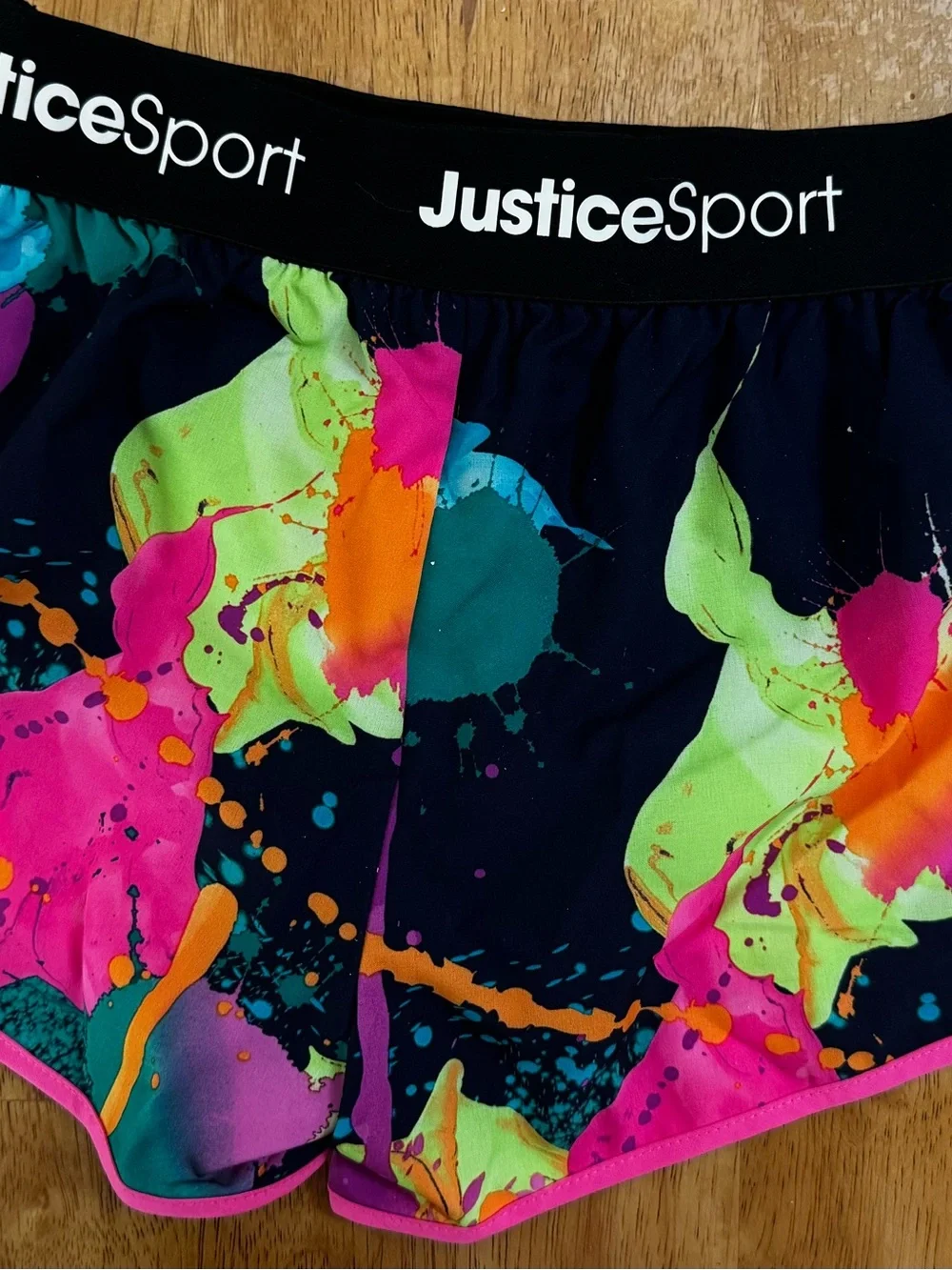 Justice Kids Athletic Shorts — Neon Splash Print with Black Waistband
